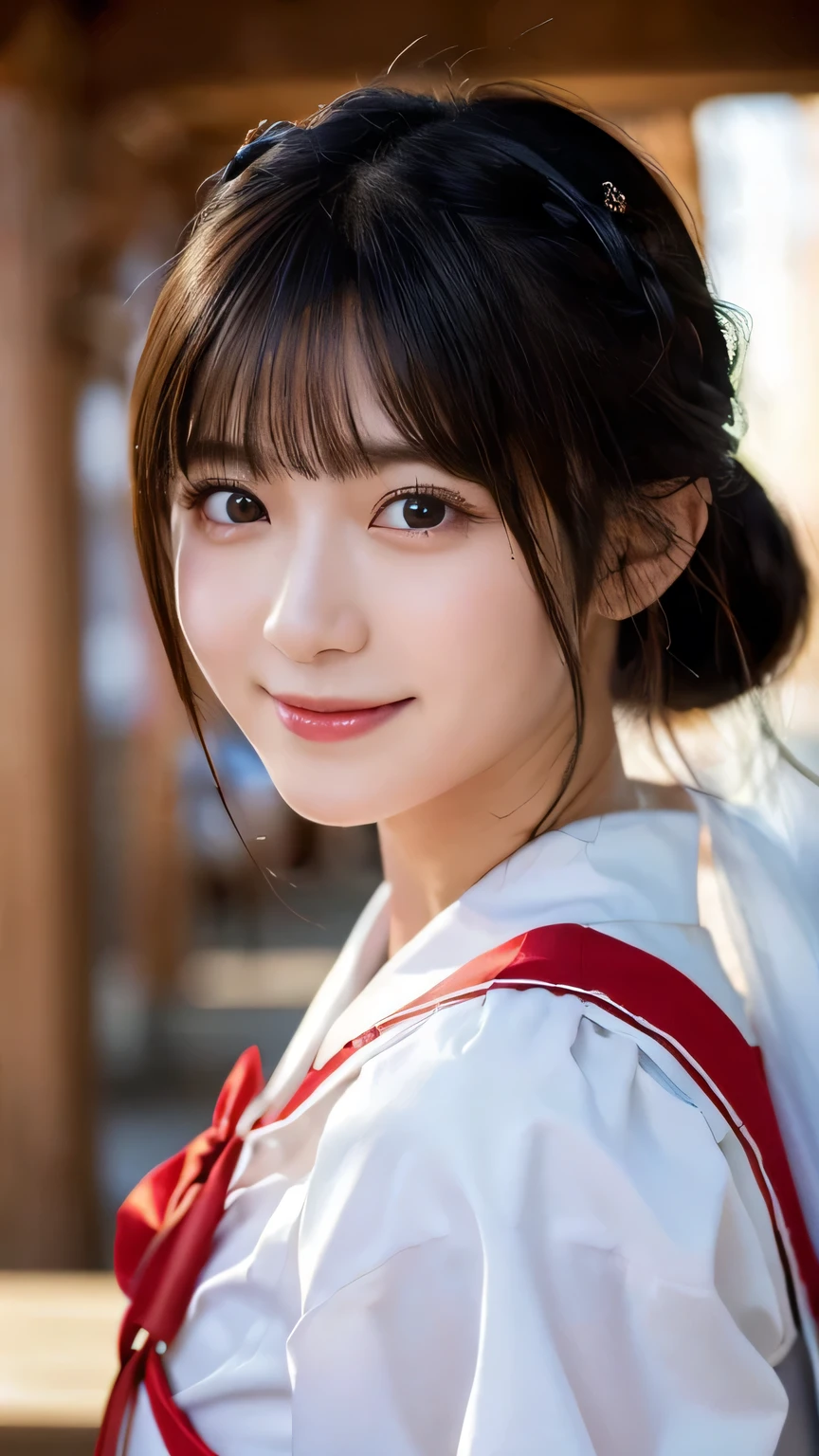 (Highest quality,8K quality,masterpiece:1.3),(Ultra-high resolution,Realistic:1.4,Live Shooting),(Very detailed,Caustics),(Ultra-Realistic Capture,Beautiful and detailed skin),(Shrine precincts),(White and red shrine maiden costume),18-year-old,Japanese,cute,Long black hair,Low Ponytail,I'm looking at the camera with a smile on my face,big ,Soft Light,A ray of light shining from above,Natural light,