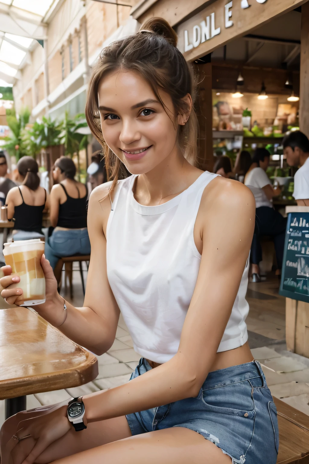 (masterpiece, best quality:1.2), a hyperrealistic, 1girl skinny, with beautiful skin (bright skin, wet skin:0.1), sweating, energetic, smile, holding a cup of ice latte, sitting in the cafe in the market, ponytail hair, white shirt, blue short jeans, afternoon, wearing a smartwatch, skinny fingers, skinny arms.