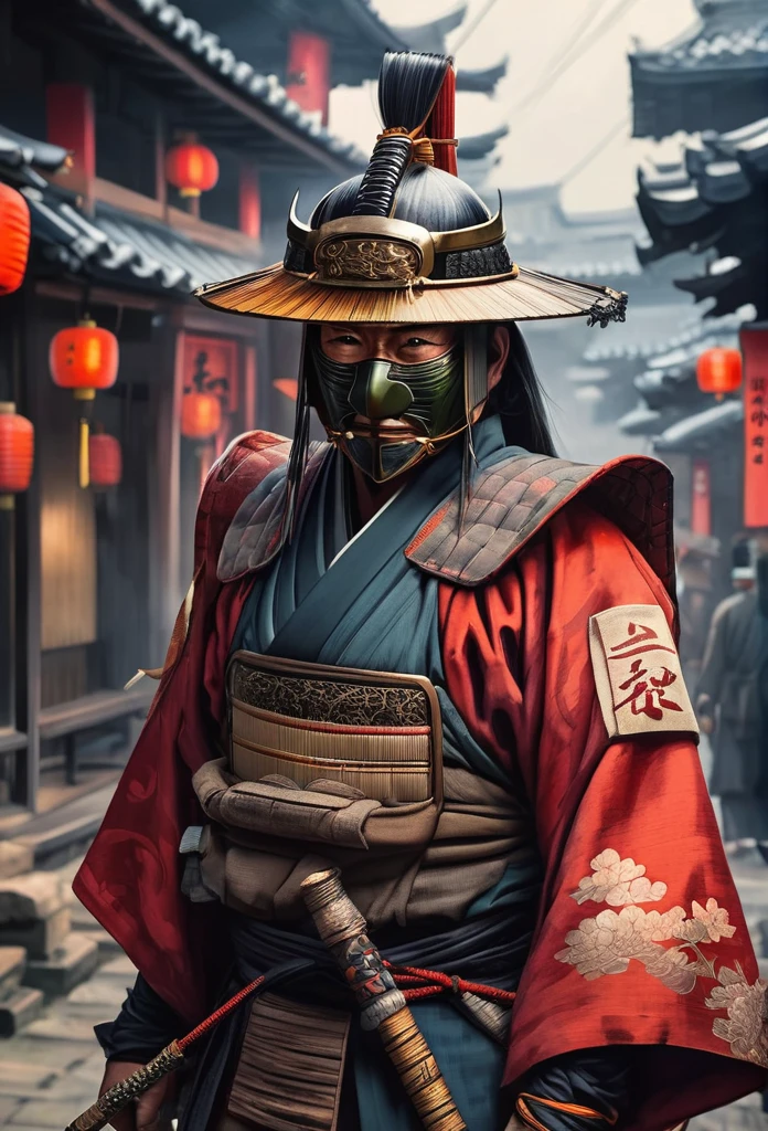 A Japanese warrior ronin with magnificent mask in portrait, the atmosphere is heavy and sad. It's very detailed and in the atmosphere of the old quarter of the time