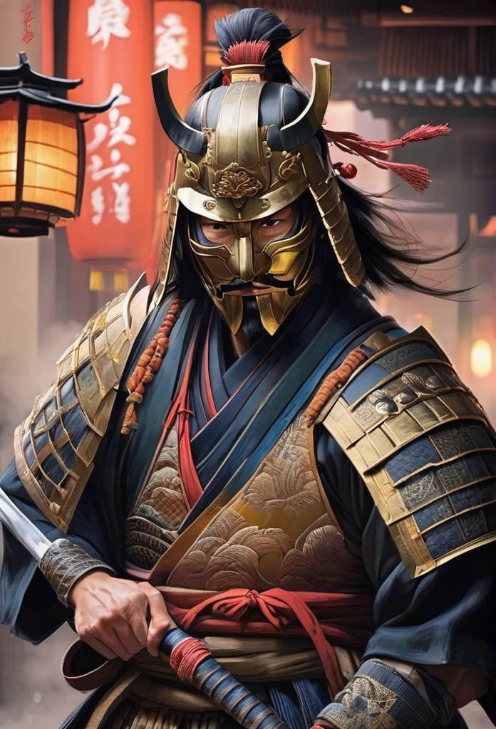 A Japanese warrior ronin with magnificent mask in portrait, the atmosphere is heavy and sad. It's very detailed and in the atmosphere of the old quarter of the time