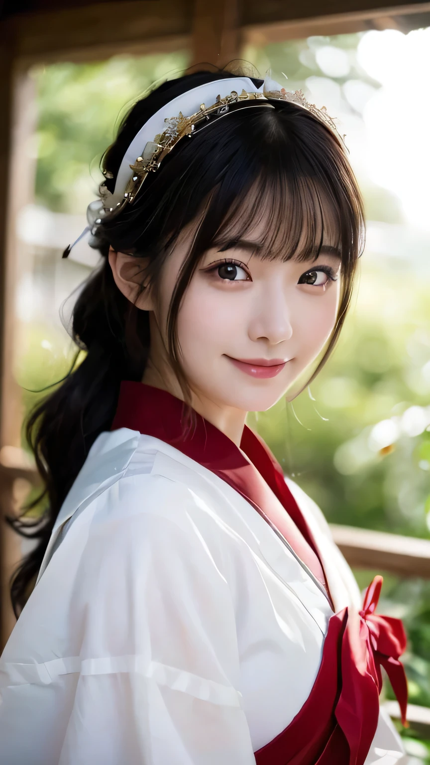 (Highest quality,8K quality,masterpiece:1.3),(Ultra-high resolution,Realistic:1.4,Live Shooting),(Very detailed,Caustics),(Ultra-Realistic Capture,Beautiful and detailed skin),(Shrine precincts),(White and red shrine maiden costume),18-year-old,Japanese,cute,Long black hair,Low Ponytail,I'm looking at the camera with a smile on my face,big ,Soft Light,A ray of light shining from above,Natural light,