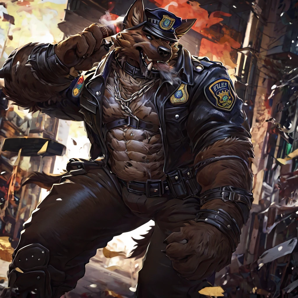 muscular male anthropomorphic german shepherd, medium, black leather jacket, police badge, black leather pants, black leather boots, black fur on body, tan fur on body, light light brown fur on body, cigar lit in mouth, black leather collar, silver chain, extremely detailed, rugged and intimidating, (focus body)