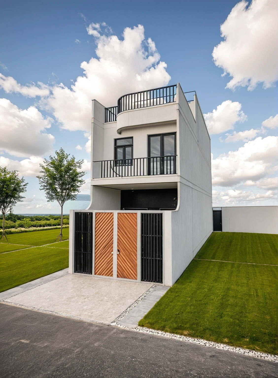 Masterpiece, high quality, best quality, authentic, super detail, outdoors, onestoreyvillaXL, aiaigroup, house style modern on the street ,stairs, white wall ,road,pavement, grass, trees, sky, cloud, (daylight:1.1)
