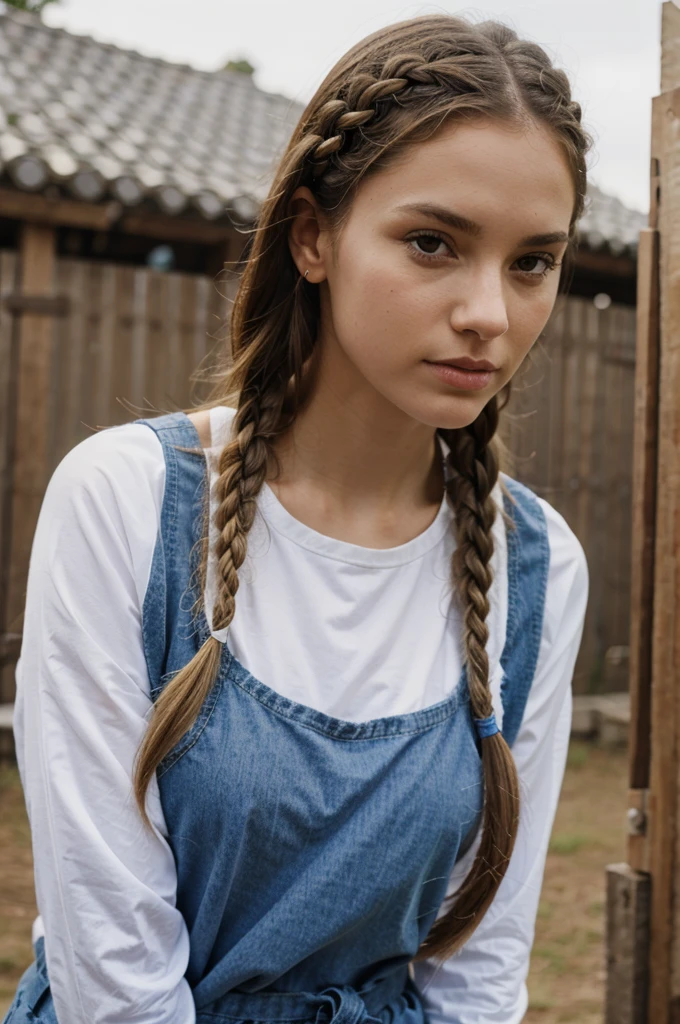 A tall, athletic woman with braided blonde hair, and mixed heritage, pale