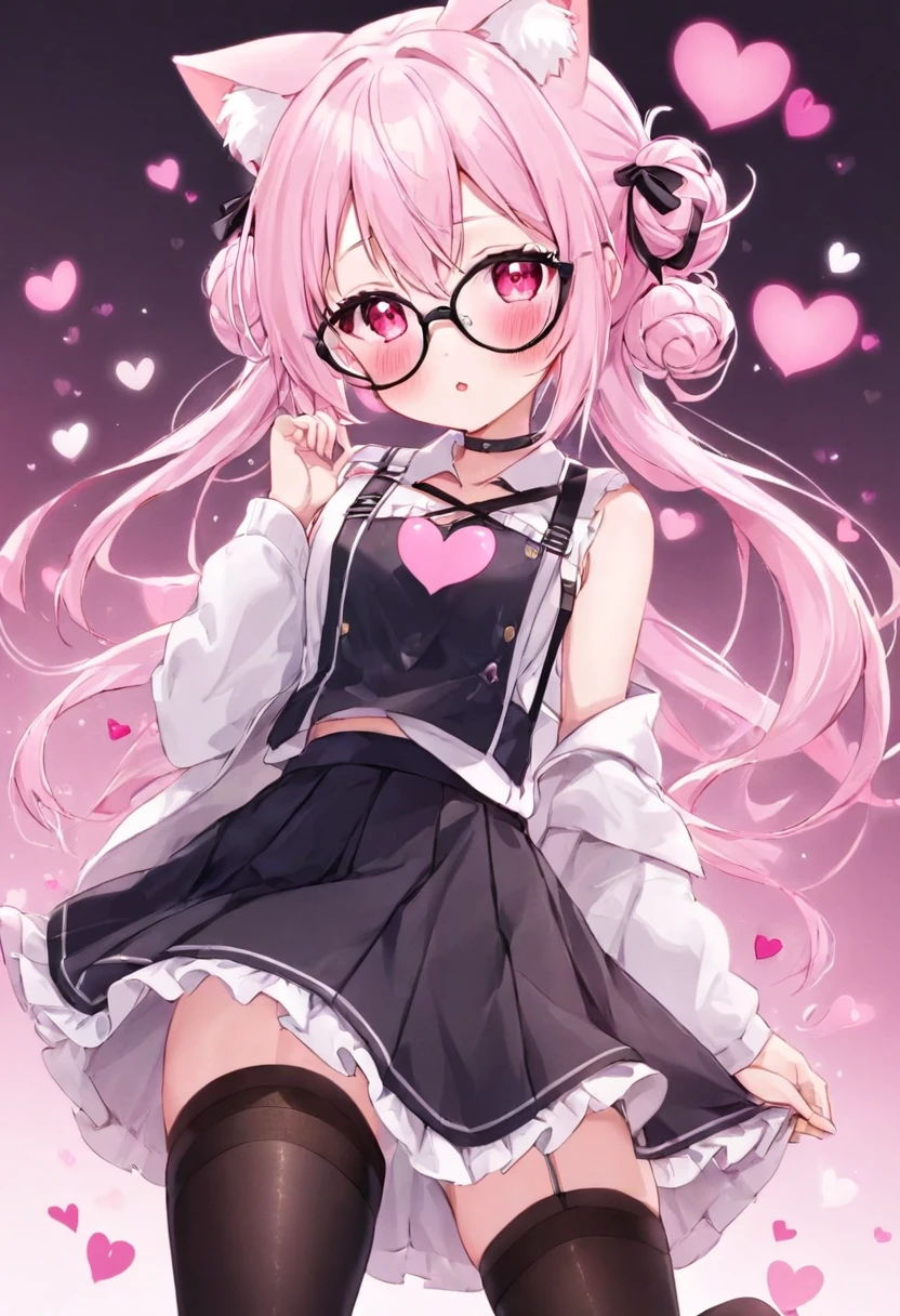 I have white pink hair, cat ears, a bun, my face is super blushing, black glasses, pink heart eyes, a Brazil, a skirt that has black straps, black stockings, white shoes, a cat's tail, a very girl Shy