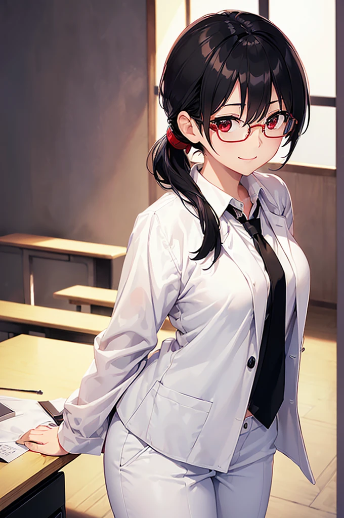 (masterpiece; best quality: 1.2), (finely detailed eyes: 1.3), ((25 year old woman)), ((solo)), (red eyes: 1.4), (body; gorgeous, lithe, femenine: 1.3), (black hair in low-ponytail: 1.3), (beautiful and clear background: 1.2), ((depth of field)), (equipment: white unbuttoned labcoat + black shirt + white tie + white pants + black square glasses: 1.3), (anime illustration: 1.2), (background composition; japanese highschool classroom + furniture: 1.1), (extremely fine and beautiful: 1.1), (shot composition; standing + centered on torso + close-up: 1.5), (expression; calm, smile: 1.2)