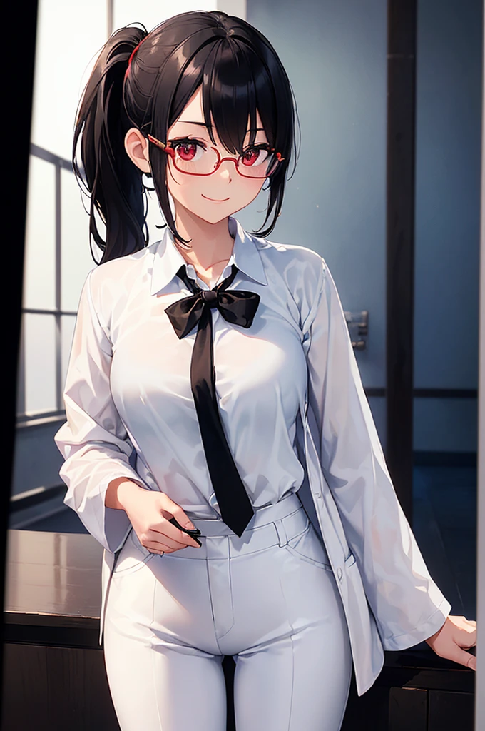 (masterpiece; best quality: 1.2), (finely detailed eyes: 1.3), ((25 year old woman)), ((solo)), (red eyes: 1.4), (body; gorgeous, lithe, femenine: 1.3), (black hair in low-ponytail: 1.3), (beautiful and clear background: 1.2), ((depth of field)), (equipment: white unbuttoned labcoat + black shirt + white tie + white pants + black square glasses: 1.3), (anime illustration: 1.2), (background composition; japanese highschool classroom + furniture: 1.1), (extremely fine and beautiful: 1.1), (shot composition; standing + centered on torso + close-up: 1.5), (expression; calm, smile: 1.2)