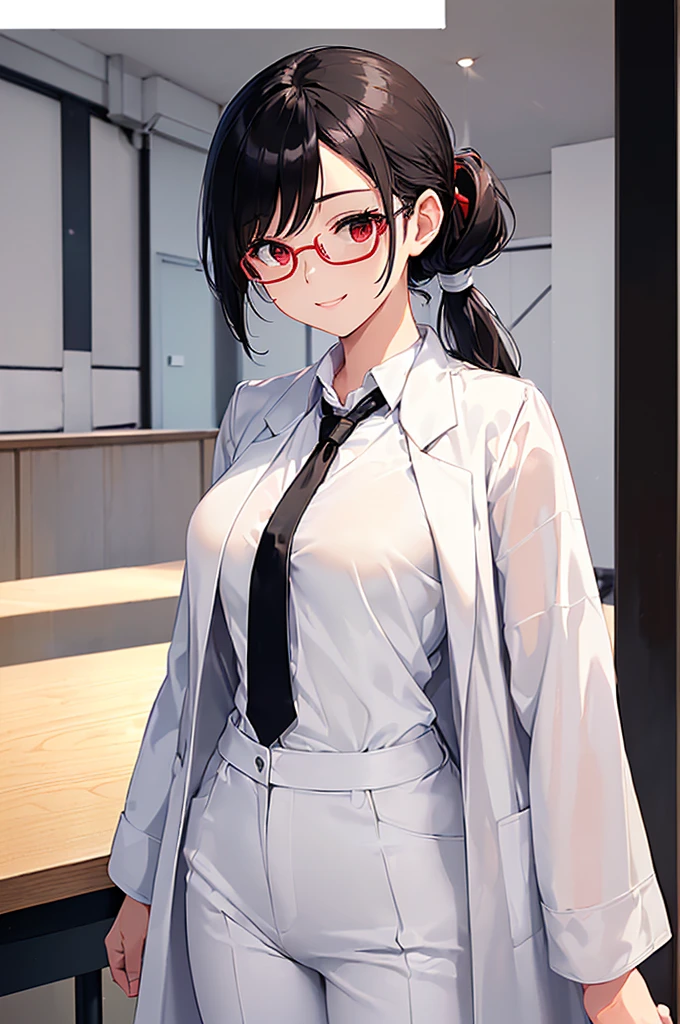 (masterpiece; best quality: 1.2), (finely detailed eyes: 1.3), ((25 year old woman)), ((solo)), (red eyes: 1.4), (body; curvy, lithe, femenine: 1.3), (black hair in low ponytail: 1.3), (beautiful and clear background: 1.2), ((depth of field)), (equipment: white unbuttoned labcoat + black shirt + white tie + white pants + black square glasses: 1.3), (anime illustration: 1.2), (background composition; japanese highschool classroom + furniture: 1.1), (extremely fine and beautiful: 1.1), (shot composition; standing + centered on torso + close-up: 1.5), (expression; calm, smile: 1.2)