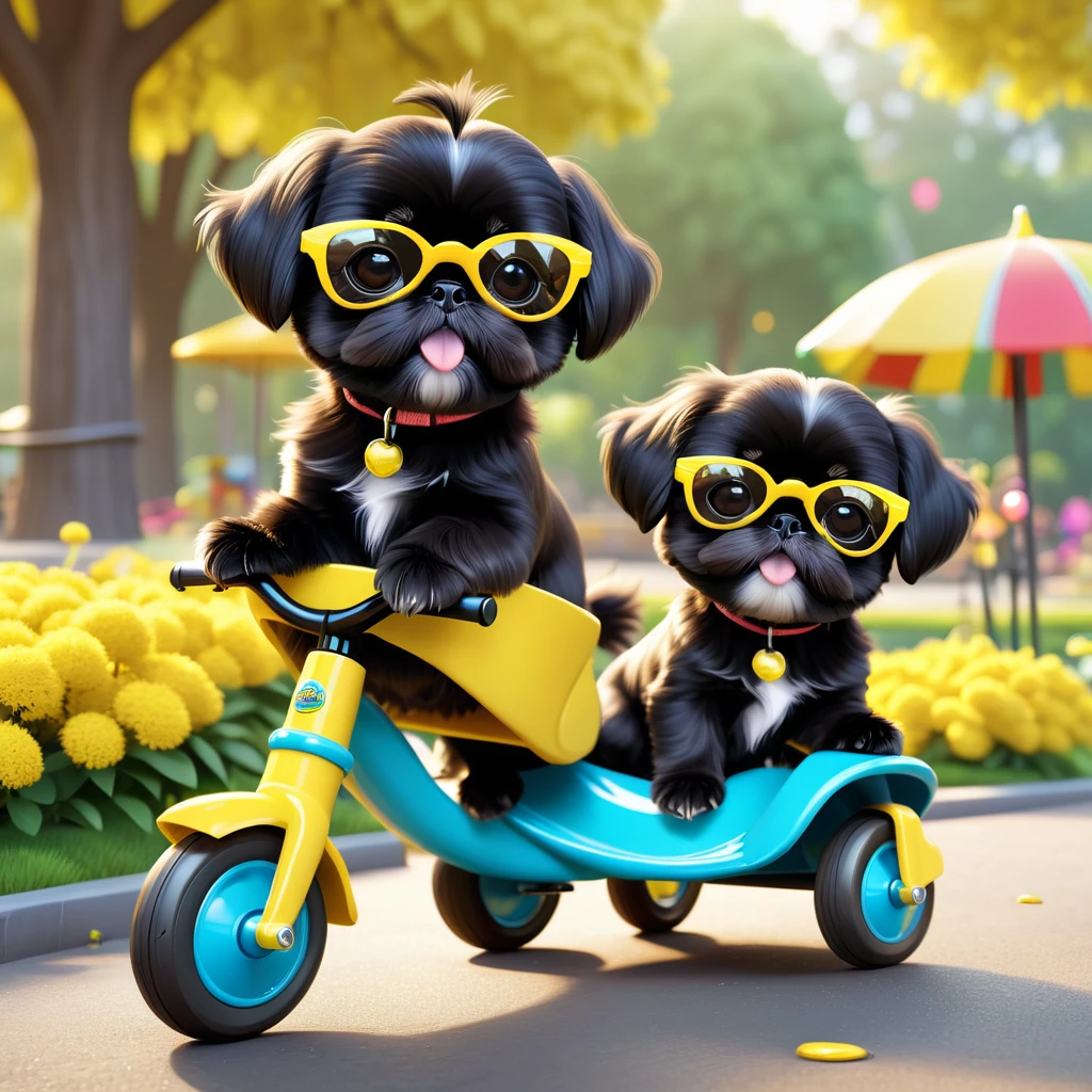 2 Adorable small black Shih Tzu puppies wearing yellow sunglasses riding tricycles park background 3d cartoon 3d render disney pixar style