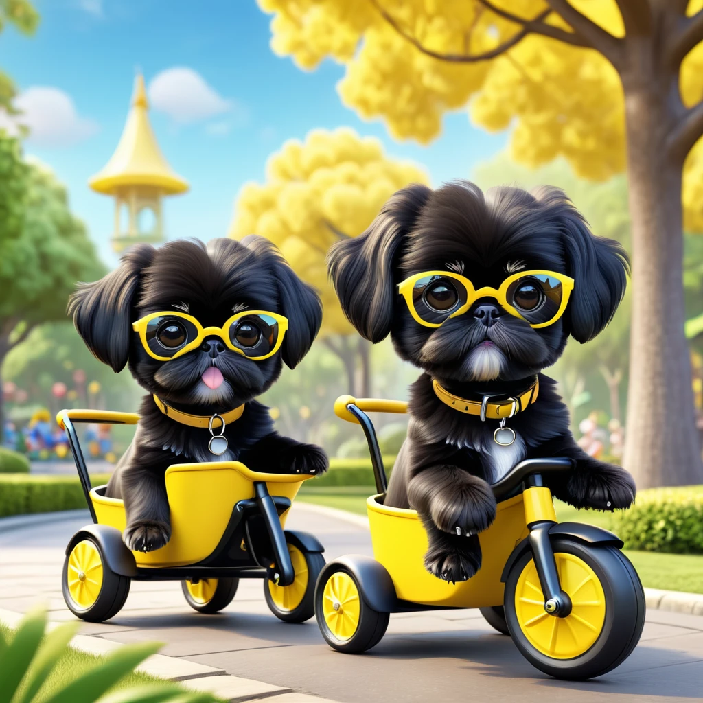 2 Adorable small black Shih Tzu puppies wearing yellow sunglasses riding tricycles park background 3d cartoon 3d render disney pixar style