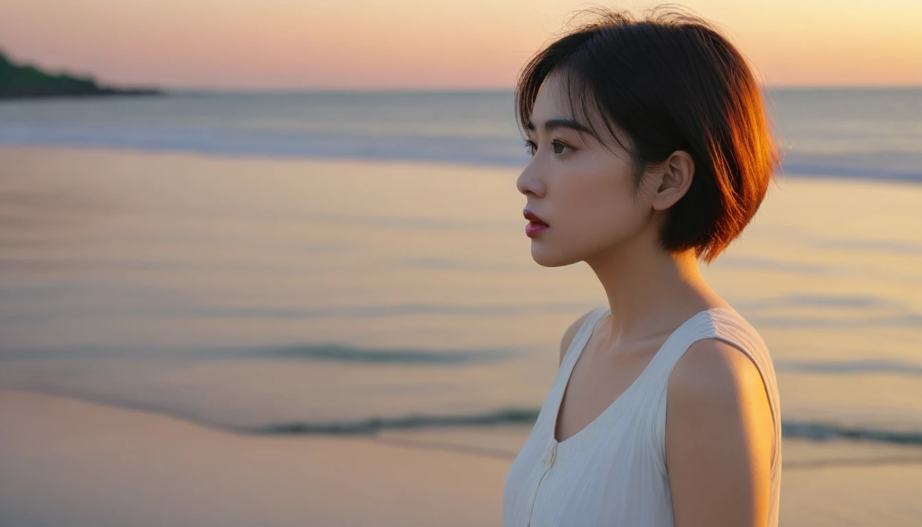 K Realistic, living photos, Realistic appearance of nature, , Side view looking out to sea on the beach at sunset. Close-up beautiful woman look , Side view of an Asian woman wearing a light skirt, burning sunset light, short medium hair, 1 woman, beautiful eyes, Thin lips with a sad expression, uhd