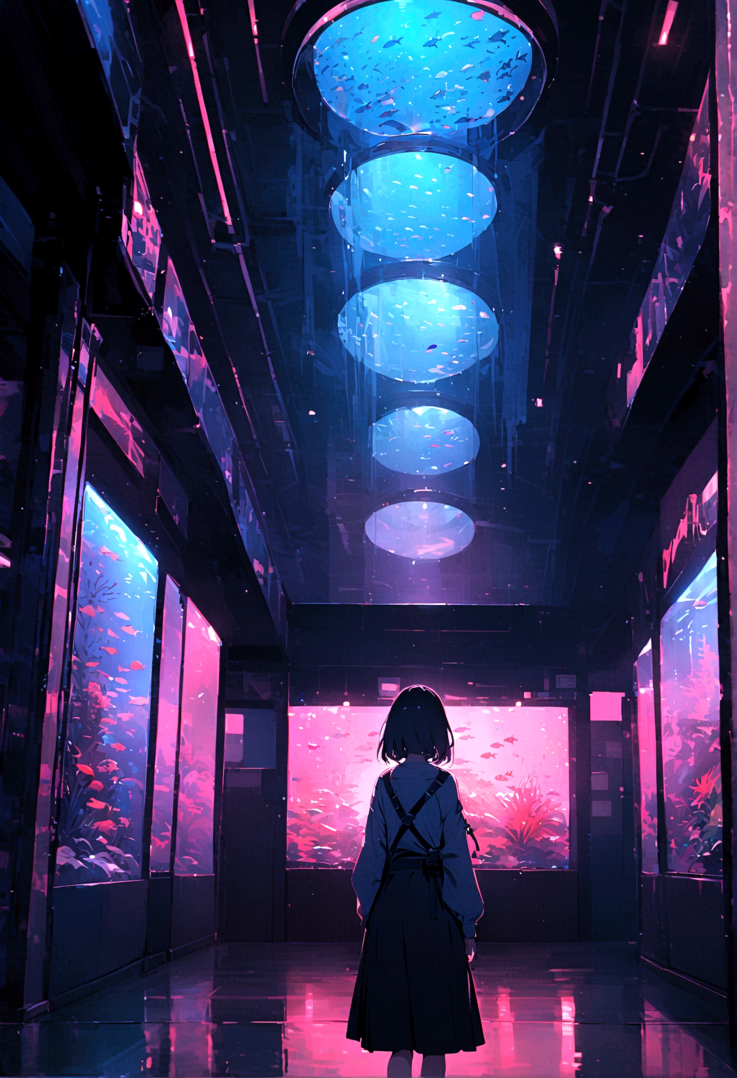 aquarium、A girl standing in front of a huge aquarium、Dimly lit interior、Quiet atmosphere
