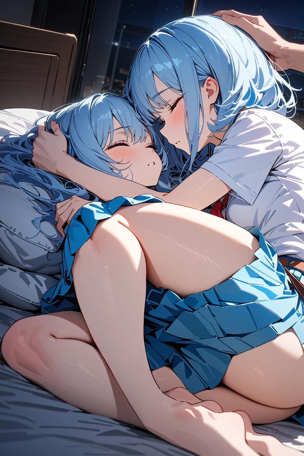 (masterpiece, best quality:1.5), (ultra detailed, high resolution, 8k, beautiful detailed, UHD, best anatomy), pale blue hair, small breasts, 1 junior high school girl, barefoot, bed room, night,  flared skirt, short-sleeve  shirt, Red thin tie, closed eyes, put one's head on a pillow, Lying on the bed, side angle