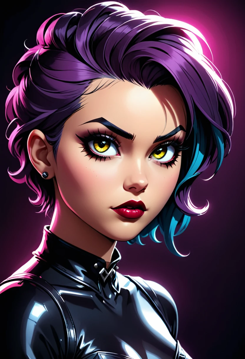 A punk-haired goth girl,beautiful detailed hazel eyes,beautiful detailed lips,extremely detailed eyes and face,long eyelashes,melancholy expression,comic book style,chiaroscuro lighting,dark moody atmosphere,dramatic shadows,high contrast,vivid colors,cinematic framing,8k,masterpiece