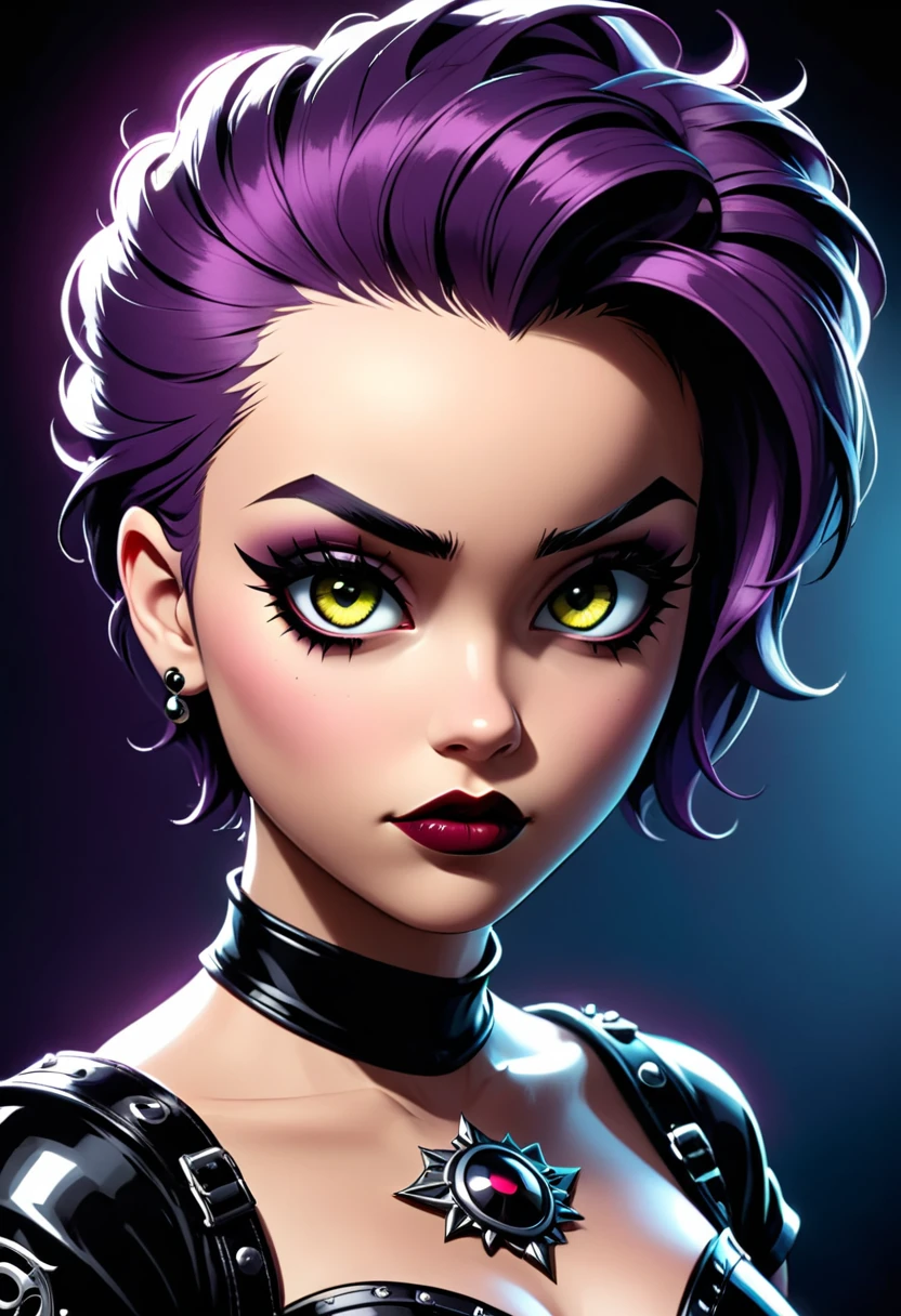 A punk-haired goth girl,beautiful detailed hazel eyes,beautiful detailed lips,extremely detailed eyes and face,long eyelashes,melancholy expression,comic book style,chiaroscuro lighting,dark moody atmosphere,dramatic shadows,high contrast,vivid colors,cinematic framing,8k,masterpiece