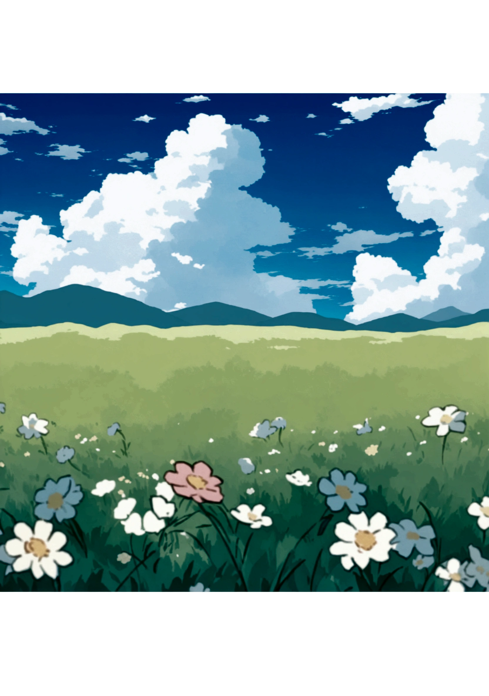 Cartoon illustration of a field with flowers and mountains in the background, Anime Background, anime background technology, Anime rural scenery, Anime Landscape, Anime Landscape, background technology, Grassland background, Detailed scenery —width 672, Anime Nature wallpap, Anime Nature, beautiful Anime Landscape, Flower Field, Rice field background, Anime Landscape wallpaper, Landscape background, Landscape Artwork
