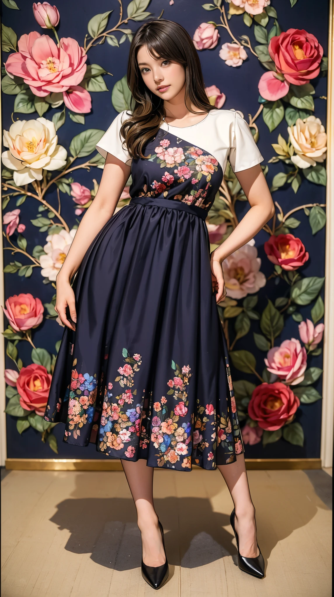 ((masterpiece)),(((Highest quality))),Thin thighs,Long legs,whole body:1.5,(One Girl:1.3),(Black pantyhose and thick pointy heels:1.3),(Wearing a floral long skirt dress:1.2),Short Blonde:1.2、Model pose,