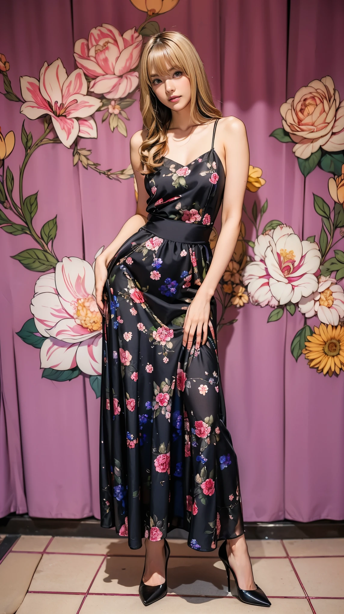 ((masterpiece)),(((Highest quality))),Thin thighs,Long legs,whole body:1.5,(One Girl:1.3),(Black pantyhose and thick pointy heels:1.3),(Wearing a floral long skirt dress:1.2),Short Blonde:1.2、Model pose,