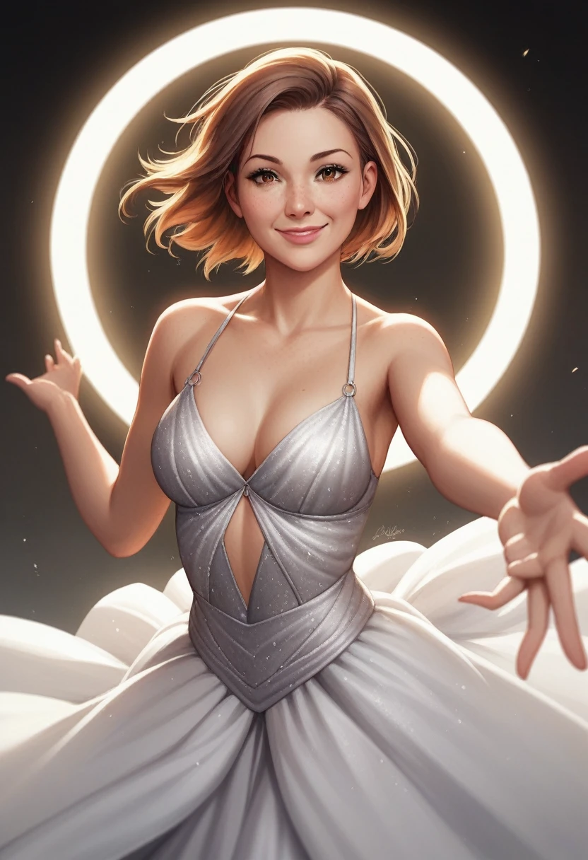 Illustration, detailed illustration, dynamic angle, ultra detailed, best quality, 1girl, 30 year old woman, beautiful, short brown hair, big brown eyes, light freckles, dancing, ballgown, in space, empty space, starfield in background, smile, reaching to viewer, looking at viewer, closed mouth, center part