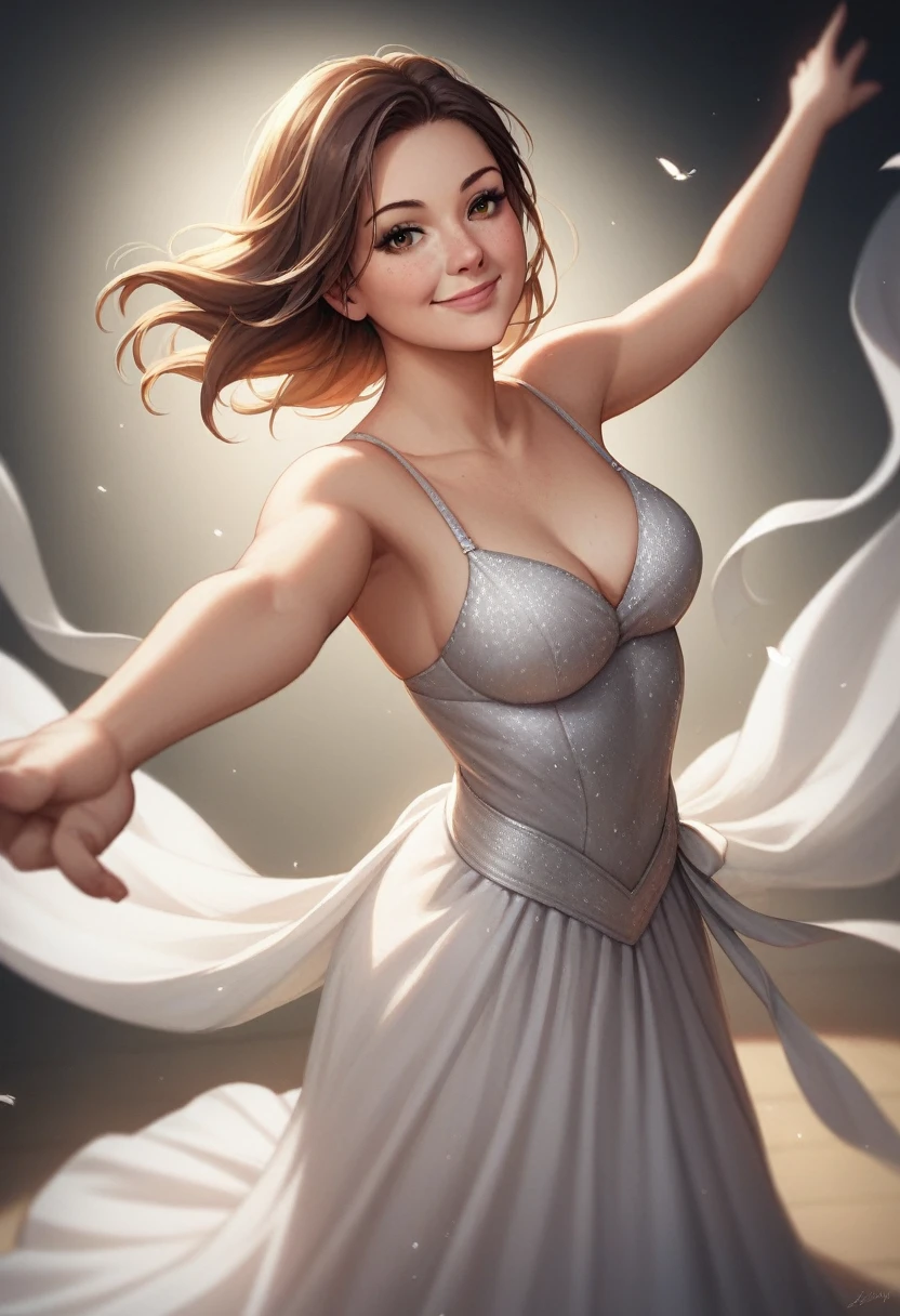 Illustration, detailed illustration, dynamic angle, ultra detailed, best quality, 1girl, 30 year old woman, beautiful, short brown hair, big brown eyes, light freckles, dancing, ballgown, in space, empty space, starfield in background, smile, reaching to viewer, looking at viewer, closed mouth, center part