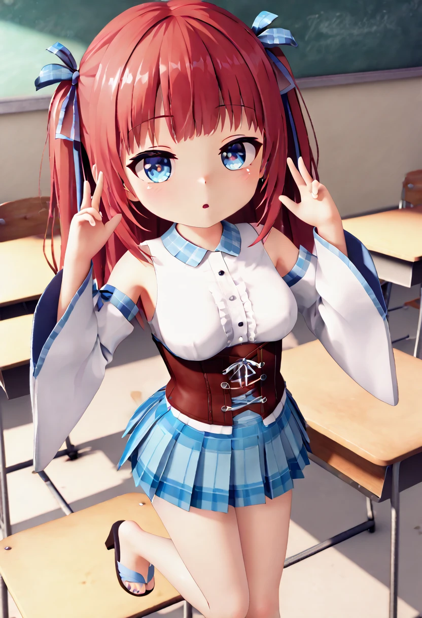 ((Highest quality)), ((masterpiece)), (be familiar with), 3d, Perfect Face, Big eyes, Drooping eyes, eyelash, The sparkling light of the eyes, long red hair, blue eyes white sleeveless blouse, detached sleeves, wide sleeves, heel sandals, (light blue plaid corset pleated mini skirt), hair ribbon, medium breasts, classroom