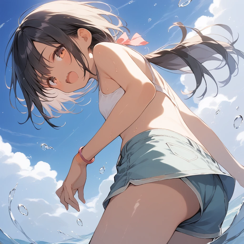score_9, score_8_up, score_7_up, source_anime, best quality, masterpiece, official art, absurdres, highres, ultra-detailed,waifu2x,Collection: Slice of Life,break,1girl, tomboy, dark-skinned female, short hair, low ponytail, flat chest, beautiful detailed eyes, short shorts, sweat, open mouth, (yawn:0.3), sleepily, outdoors, wind, break,dewy skin, perspiration on the skin,skin texture, fine lines, pores, natural imperfections,light reflections, glossy skin, shiny skin,break,(clear line illustration:1.2),very high resolution, very aesthetic, Best sexual lighting powered by famous artist, 8k,cute picture,beauty illustration,photoshop_(medium),,(Detailed Lighting),best anime 8k konachan wallpaper, pixiv contest winner,
