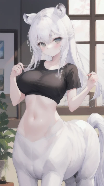 (best quality, masterpiece), 1 girl, centaur, It takes, White skin, Korean  , exposing the abdomen,belly button t-shirt, 아름다운 소녀 perfect white tiger photo, perfect white tiger photo