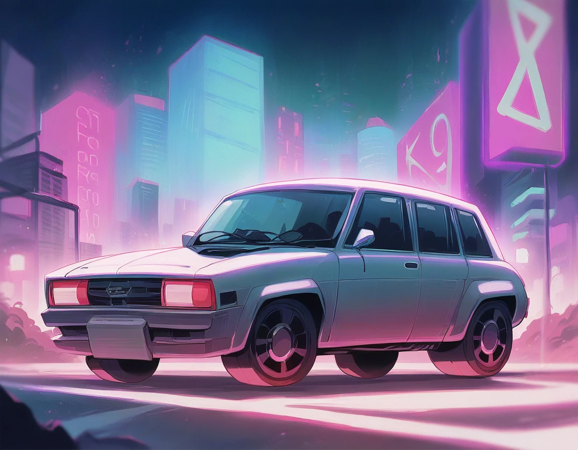 red modern style car,front isometric view,neon lights tires,((fire from body)),cyberpunk background, smooth outer texture ,bokeh,cinematic shot,big tires,destroyed cars in background