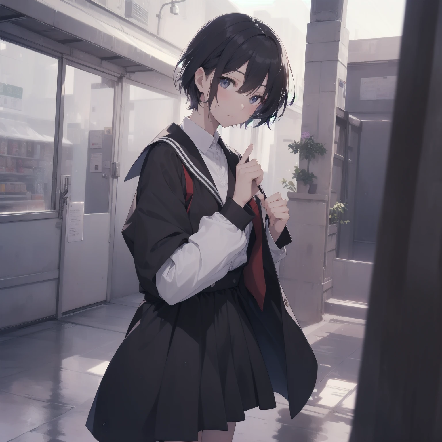 ultra-absurdres-Top quality by artist God, ultra-detailed, high resolution, anime moe artstyle, best anime 8k konachan wallpaper, pixiv contest winner, pool:2810, perfect anatomy,break, 1girl, (Please draw a girl walking sleepily to school alone. )break,(Solo,little female, 13-year-old:1.3),Full limbs, complete fingers,a junior high school student, (very short hair), short cut, flat chest, , small butt, small black eyes, beautiful detailed eyes, well-proportioned iris and pupils, expressive eyes, highres detailed hair, soft expression, salor school_uniform, sailor collar, serahuku, bow, pleated skirt,(Detailed Lighting), (Detailed background), in the School commute route. break,super detailed skin, Best cinematic lighting powered by famous artist, 8k,beauty illustration,photoshop_(medium),very aesthetic,break,((artist:enkyo_yuuichirou )), artist:clamp ,artist:carnelian ,artist:kantoku ,

