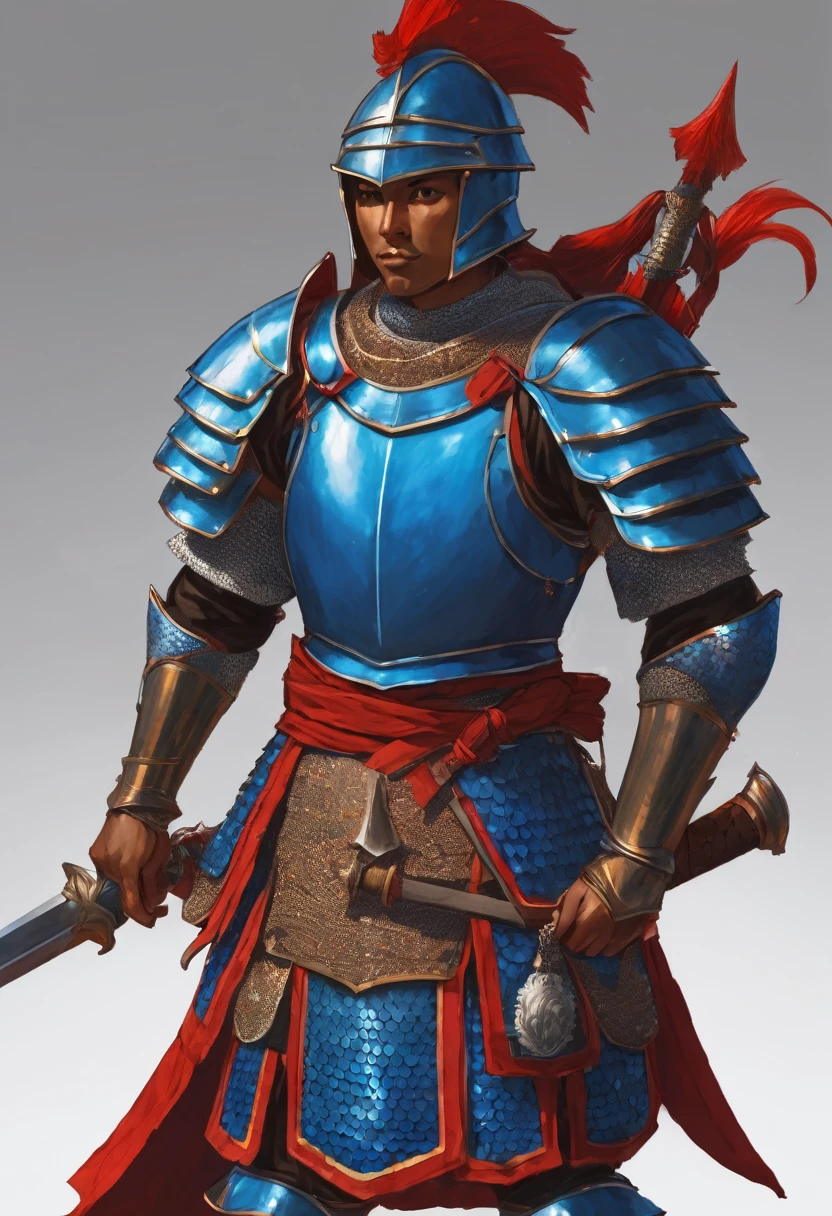 a human warrior wearing red and blue plate armor made of scales wielding a greatsword made of the same red and blue scales