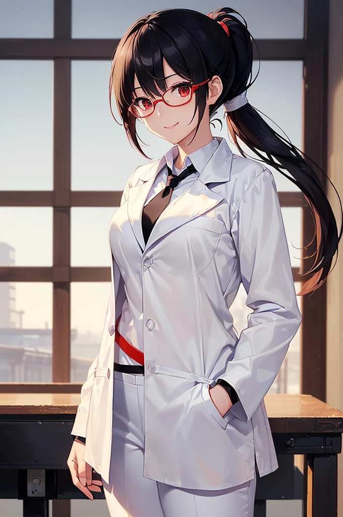 (masterpiece; best quality: 1.2), (finely detailed eyes: 1.3), ((25 year old woman)), ((solo)), (red eyes: 1.4), (body; gorgeous, lithe, femenine: 1.3), (black hair in low-ponytail: 1.3), (beautiful and clear background: 1.2), ((depth of field)), (equipment: white unbuttoned labcoat + black shirt + white tie + white pants + black square glasses: 1.3), (anime illustration: 1.2), (background composition; japanese highschool classroom + furniture: 1.1), (extremely fine and beautiful: 1.1), (shot composition; standing + centered on torso + close-up: 1.5), (expression; calm, smile: 1.2)