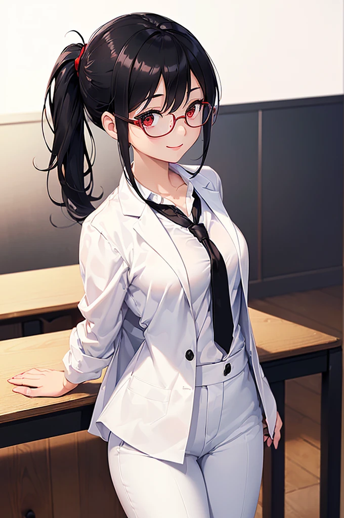 (masterpiece; best quality: 1.2), (finely detailed eyes: 1.3), ((25 year old woman)), ((solo)), (red eyes: 1.4), (body; gorgeous, lithe, femenine: 1.3), (black hair in low-ponytail: 1.3), (beautiful and clear background: 1.2), ((depth of field)), (equipment: white unbuttoned labcoat + black shirt + white tie + white pants + black square glasses: 1.3), (anime illustration: 1.2), (background composition; japanese highschool classroom + furniture: 1.1), (extremely fine and beautiful: 1.1), (shot composition; standing + centered on torso + close-up: 1.5), (expression; calm, smile: 1.2)
