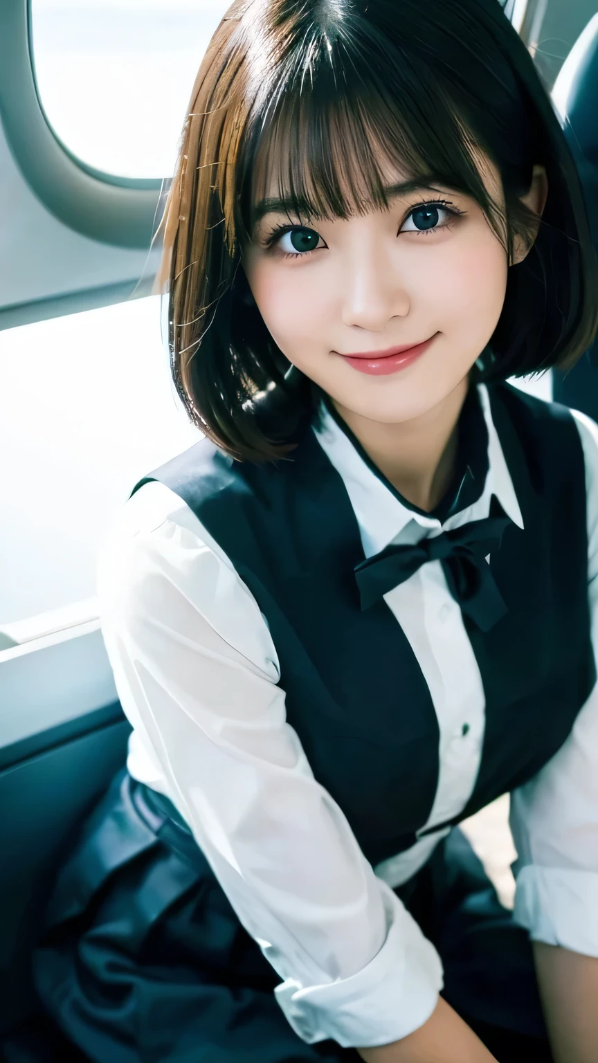 (Highest quality,masterpiece:1.3,Ultra-high resolution),(Very detailed,Caustics,8K),(Realistic:1.4,RAW shooting),Age 25,Japanese,cute,Stewardess Uniform,Black Short Hair,tights,Smiling and looking up at the camera,big ,Sit in your seat,Inside the plane,High position,High Angle,Natural light