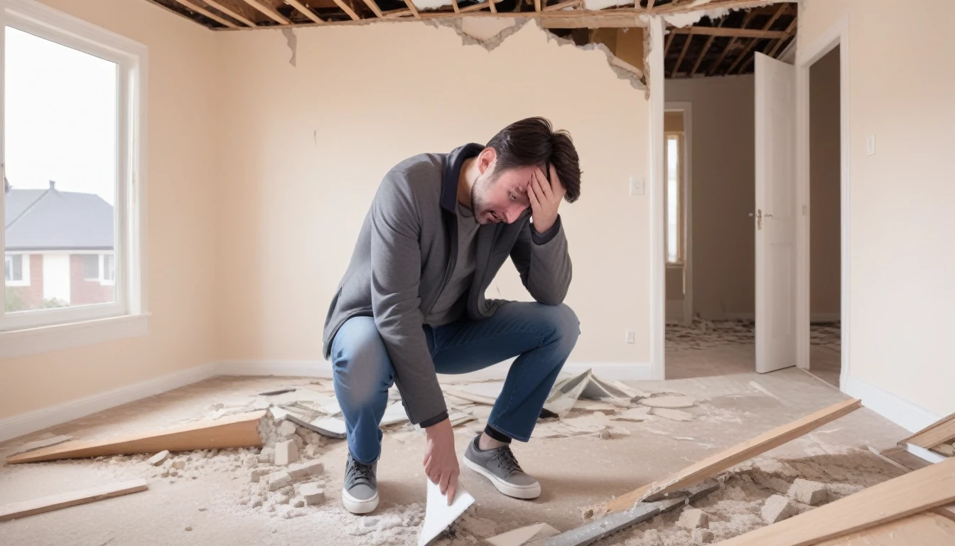 a man having a mental breakdown and destroying his house