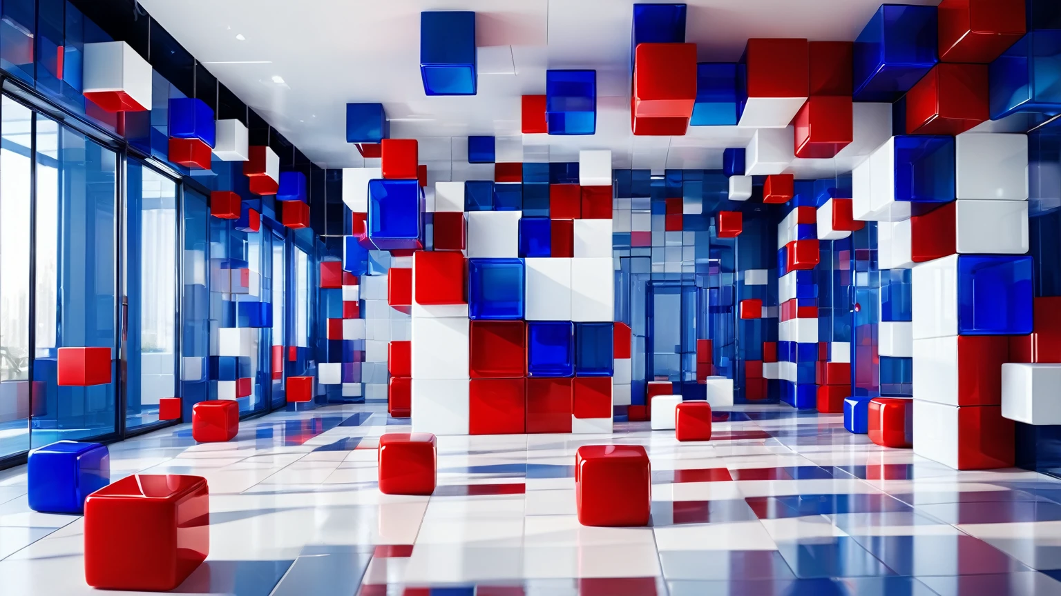 Glass-walled room with red, 

white, 

and blue colored cubes forming the walls, 

floor, 

and ceiling, 

featuring floor reflections, 

isometric perspective, 

3d art, 

high detail with ray tracing, 

sharp focus, 

ethereal lighting effects, 

ultra HD resolution, 

realistic textures, 

vivid colors, 

highly detailed surfaces, 

UHD pen and ink style, 

composed using the principles of perfect composition, 

insanely detailed octane rendering, 

rendered in C4D and OLEND