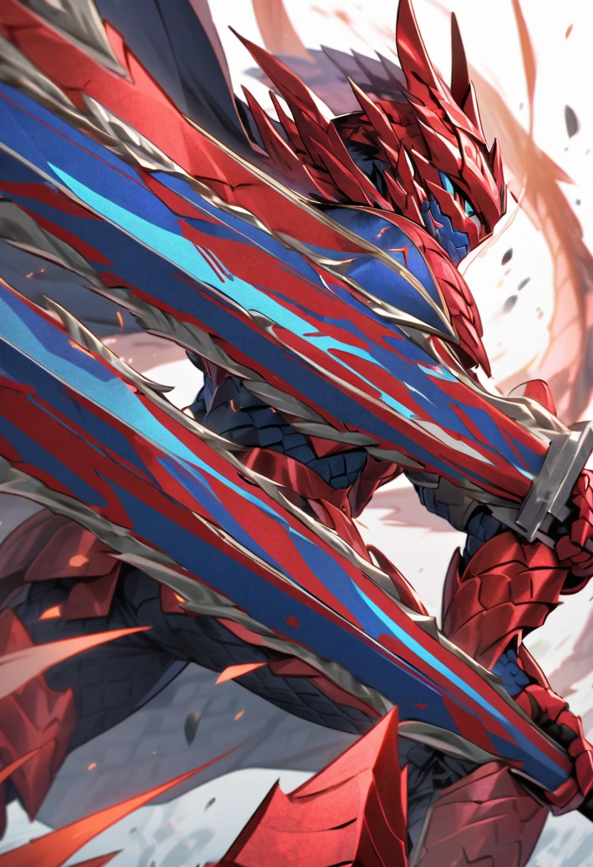 a human warrior wearing red and blue plate armor made of scales wielding a greatsword made of the same red and blue scales