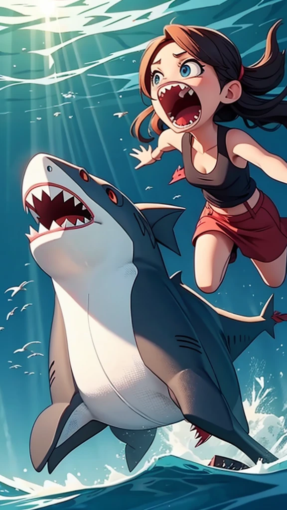 (((girl face and shark body))), full body, shark tail,jumping over a yacht,beautiful detailed eyes,beautiful detailed lips,extremely detailed face and eyes,long eyelashes,underwater scene,sunlight rays,detailed water splash,cinematic lighting,vibrant colors,dramatic composition,epic fantasy,8k,best quality,high resolution,masterpiece