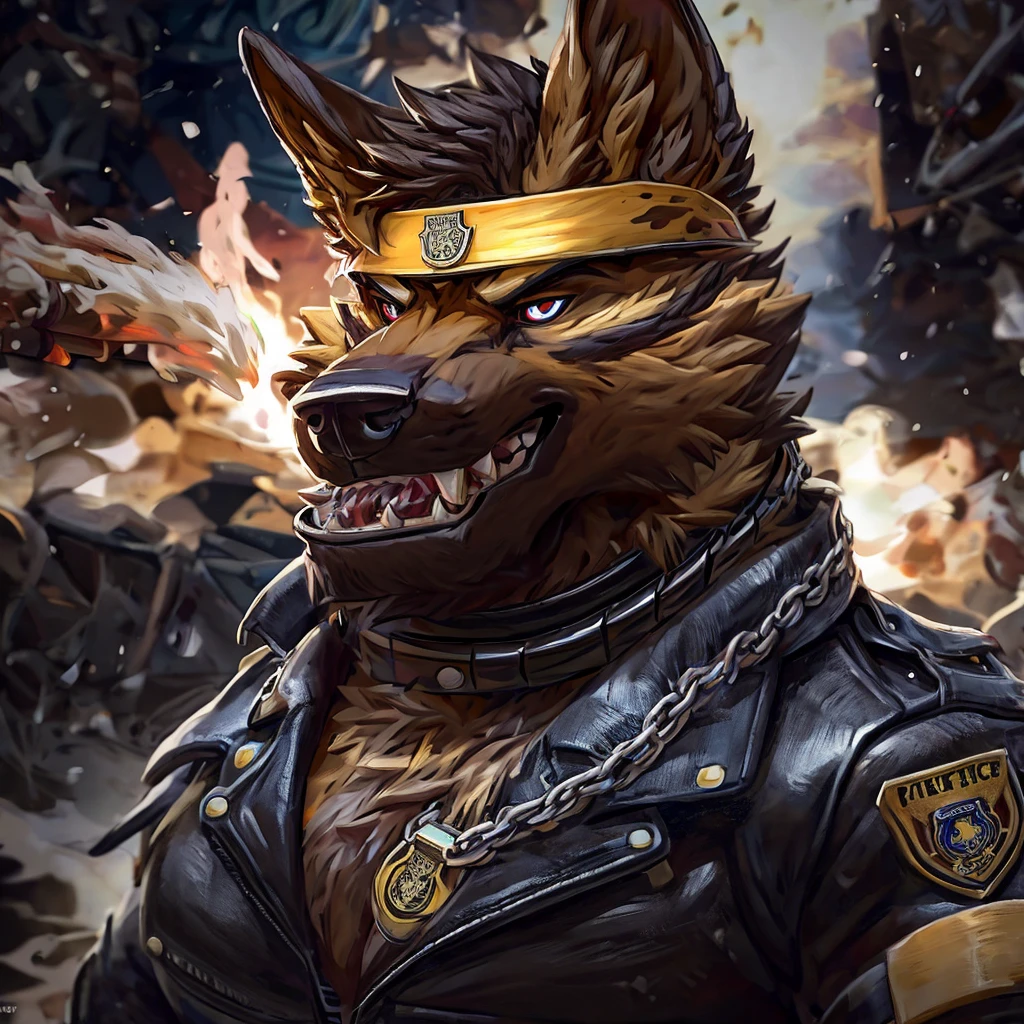 muscular male anthropomorphic german shepherd, medium, black leather jacket, police badge, black leather pants, black leather boots, black fur on body, tan fur on body, light light brown fur on body, cigar lit in mouth, black leather collar, silver chain, hypnotic visor, extremely detailed, rugged and intimidating, (focus body)