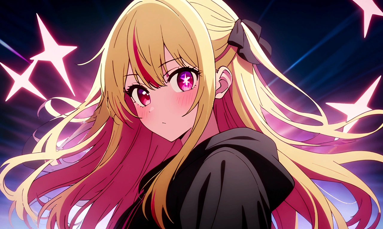 hoshinoruby, star-shaped pupils, ruby_hoshino, idol, blonde hair, bangs, 1girl, pink eyes, long hair, looking at viewer, red eyes, streaked hair, best quality, masterpiece, high quality, extremely detailed CG unity 8k wallpaper, Shark Hoodie,