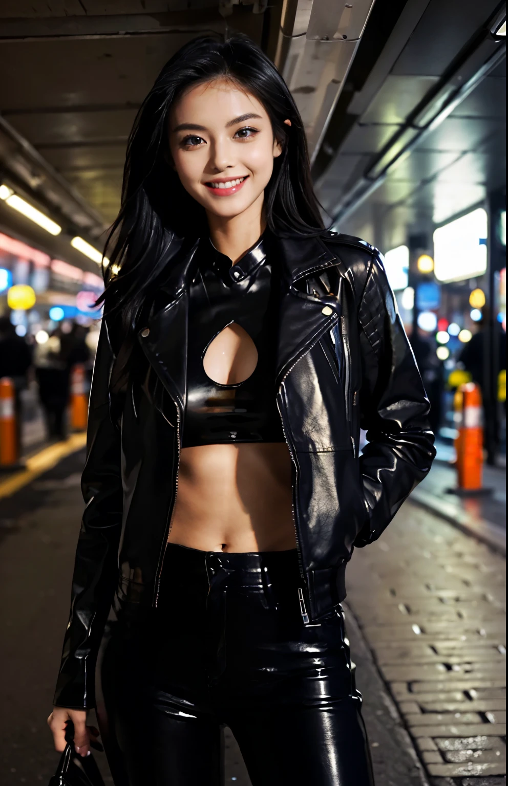 ((masterpiece)), ((Highest quality)), (Super detailed), Browsing Caution, underground,pretty girl, One girl, alone, (Black Leather Jacket、Black Leather Pants),(whip), smile,Beautiful black hair, Beautiful dark eyes, (Beautiful Eyes), 