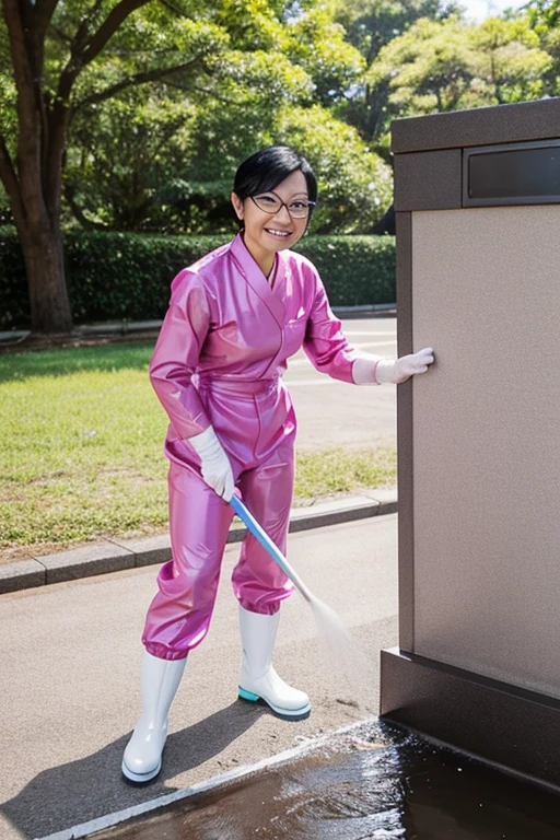 A Japanese mature woman with short black hair, slicked back and wearing glasses and a blue long-sleeved jumpsuit, wearing large pink rubber gloves and white rubber boots, smiling gently as she cleans a dirty public toilet in a park