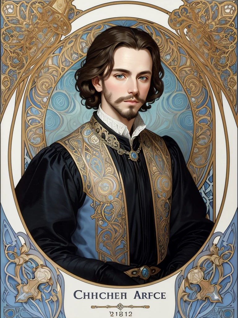 Portrait of Christopher Marlowe, white skin, piercing icy blue eyes, silky golden-brown hair, refined features, charp jawline, clean shaved, black Elizabethan velvet jerkin, white laced shirt, Art Nouveau style, Mucha style, Mucha background, realism, high quality