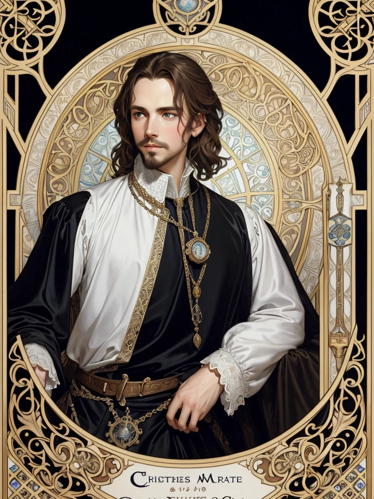 Portrait of Christopher Marlowe, white skin, piercing icy blue eyes, silky golden-brown hair, refined features, charp jawline, clean shaved, black Elizabethan velvet jerkin, white laced shirt, Art Nouveau style, Mucha style, Mucha background, realism, high quality