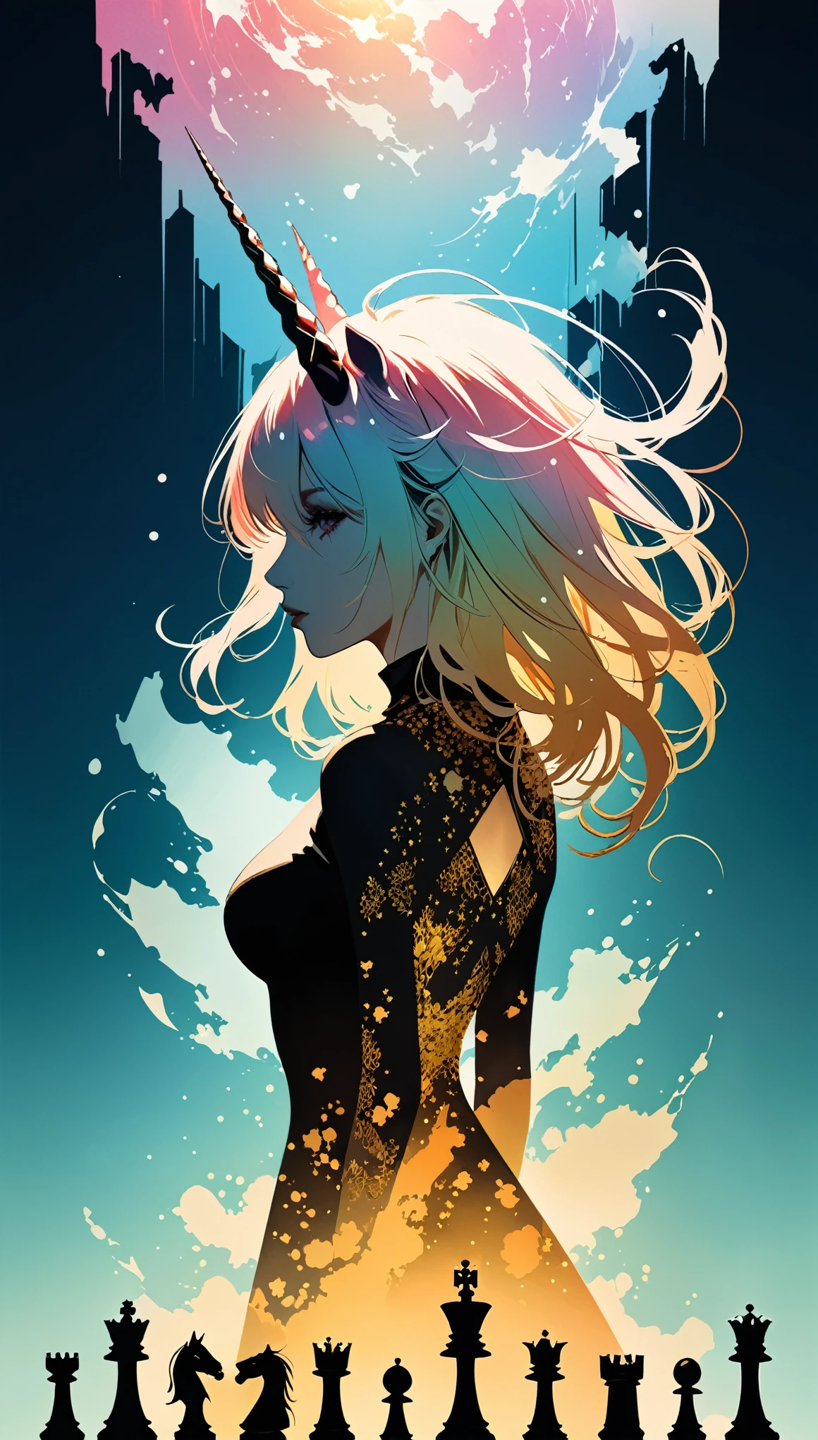 (in style of Ashley Wood:1.4),in style of Santiago Caruso,  (double exposure:1.8),1girl，独奏, queen \(chess\),,unicorn horn，metal spiral sharp corners,Diffuse gradient，Ultra-wide color gradation dispersion，