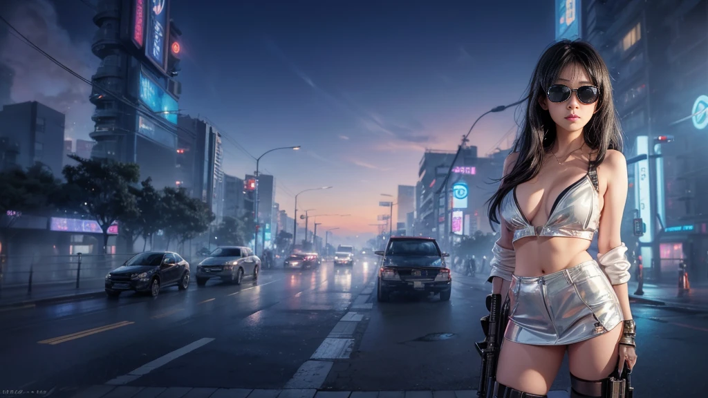 8k, Realistic Skin Texture, Realistic Photo, Neo Tokyo, slim women, large-breast:1.4 cleavage:1.3, AD2050 at night, Dirty hunting jacket, Wearing tube top, miniskirt, (((black sunglasses, automatic rifle, sneakers, cold, shooting pose, very low angle view))), Innovative composition, revenge, cyberpunk, blade runner worldview, Large neon sign, Geisha hologram sign, Strong Wakamoto Sign.