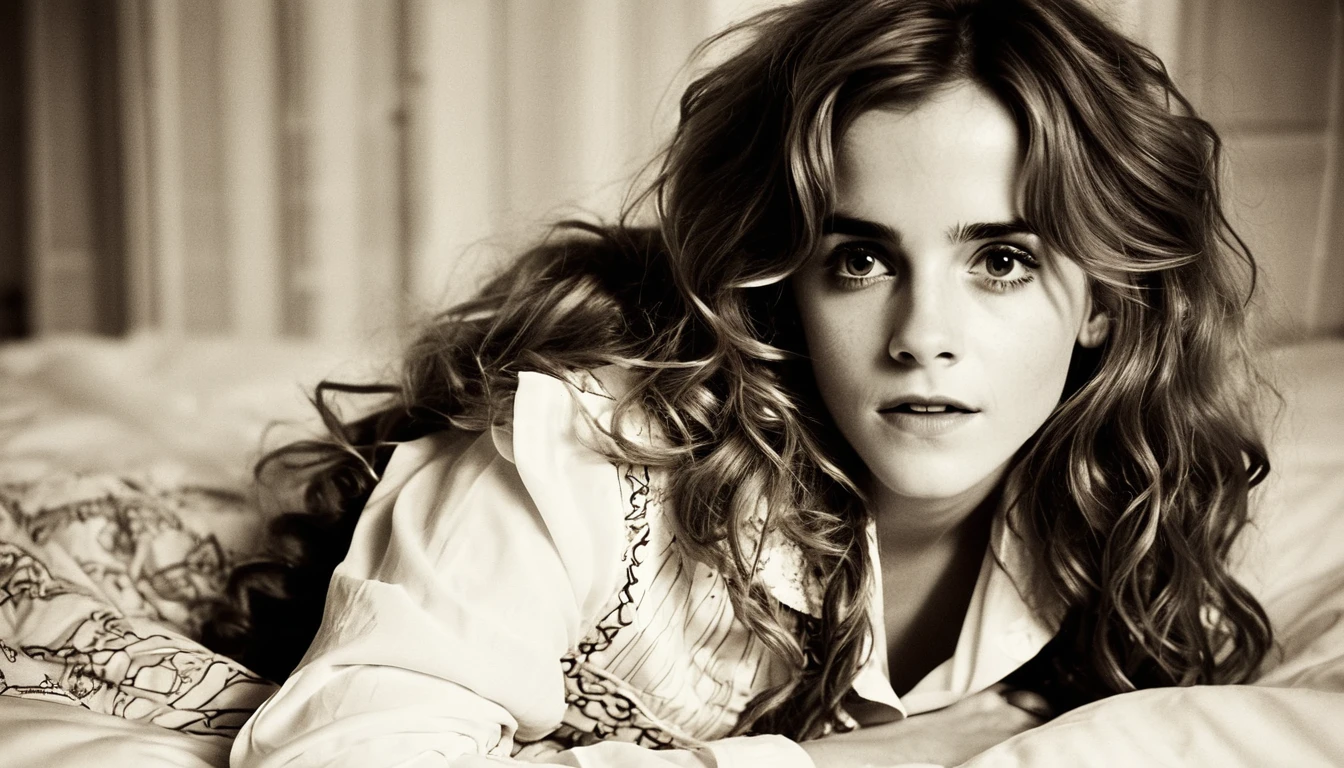 (best quality,ultra-detail,shot by Lomography Lady Grey 400 film:1.2),emma Watson as character Hermione Granger ,detailed beautiful eyes,detailed lips, posing seductively on bed ,long wavy hair in a messy style,soft and dramatic lighting, beautiful legs, full view, sepia filter