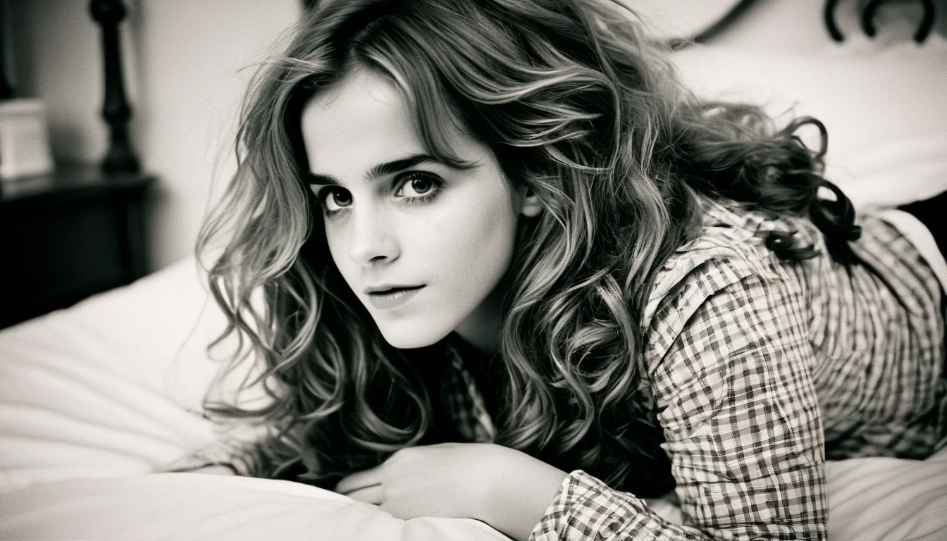 (best quality,ultra-detail,shot by Lomography Lady Grey 400 film:1.2),emma Watson as character Hermione Granger ,detailed beautiful eyes,detailed lips, posing seductively on bed ,long wavy hair in a messy style,soft and dramatic lighting, beautiful legs, full view, sepia filter