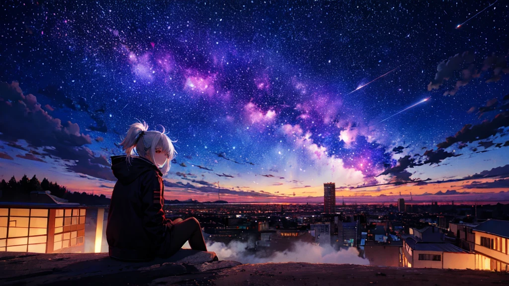 masterpiece, highest quality, Octane, null, star (null), scenery, starry null, night, night null, alone, Sitting, Outdoor, building, cloud, milky way, reflection, RTX, Cityscape, Techwear Jacket, avert your eyes, One girl, Red eyes, Striped white hair, mature, Long, messy ponytail, 