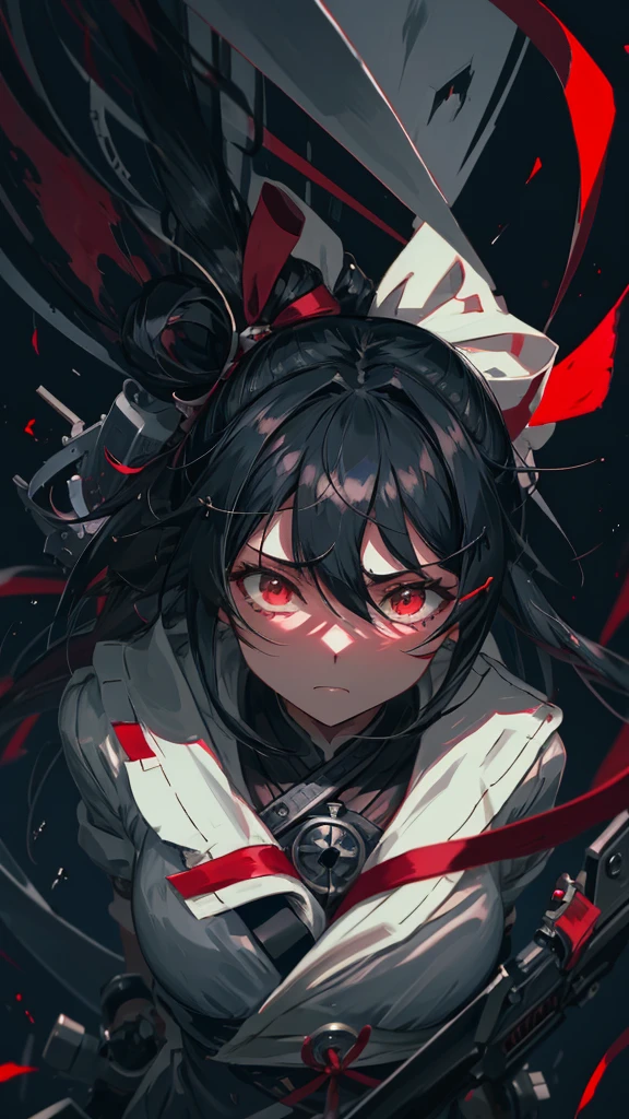 She has long black hair and a red ribbon、Anime girl holding a gun, gapmoe Yandere, Anime Moe Art Style, gapmoe Yandere grimdark, Kantai Collection Style, Girls' Frontline style, Yandere, Yandere. expensive, from Girls' Frontline, I also make fan art, portrait gapmoe Yandere grimdark, By Ren, Fine details. Girls' Frontline