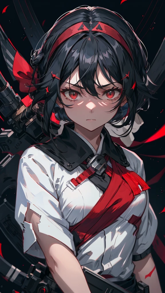 She has long black hair and a red ribbon、Anime girl holding a gun, gapmoe Yandere, Anime Moe Art Style, gapmoe Yandere grimdark, Kantai Collection Style, Girls' Frontline style, Yandere, Yandere. expensive, from Girls' Frontline, I also make fan art, portrait gapmoe Yandere grimdark, By Ren, Fine details. Girls' Frontline